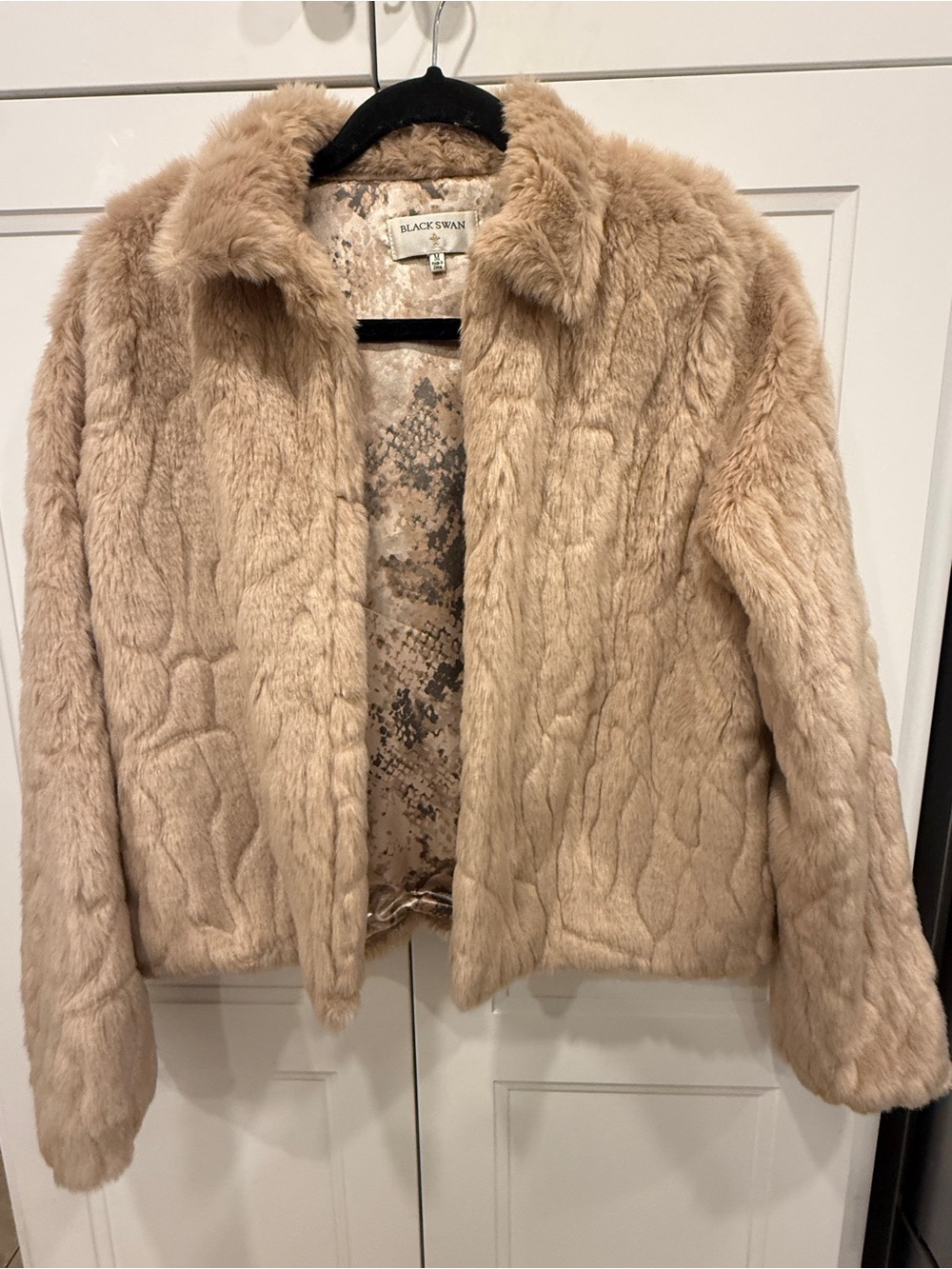 Black Swan Plush Faux Fur Jacket in Warm Beige
